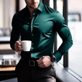 Detail of slim fit dark green long sleeve shirt with premium satin finish and buttoned cuffs - S / Green