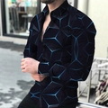 Camisa de hombre de manga larga entallada con estampado geométrico 3D azul sobre negro - S / Negro