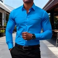 Close-up of royal blue slim fit shirt featuring Los Angeles script on the chest pocket - S / Lake Blue