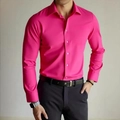 Close-up of vibrant rose red slim fit long sleeve shirt with white buttons for men - S / Rose Red