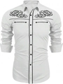 Close-up of Western style black floral embroidery on the shoulders of a white shirt - White