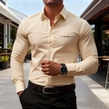 Detail of slim fit long sleeve shirt in beige with black Los Angeles script print - S / Khaki