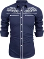 Detail of dark blue Western shirt featuring white embroidery and piping on the chest - Navy Blue
