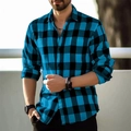 Detail of men's slim fit blue and black plaid shirt with rolled sleeves and classic collar - S / Sky Blue