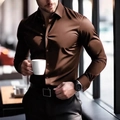 Macro detail of the smooth deep brown fabric and slim fit design of this men's dress shirt - S / Brown