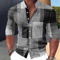 Men's slim fit plaid long sleeve shirt with vintage stand collar and button detail - S / Gray
