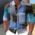 Men's slim fit shirt featuring blue and brown 3D abstract geometric print and lapel - S / Blue