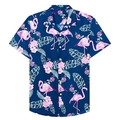 Men's slim fit summer beach shirt with pink flamingo and tropical palm leaf 3D prints - S / Deep Blue Flamingo Style (BDS179)