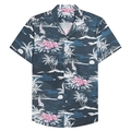 Detail view of tropical short sleeve shirt with pink floral and coconut tree prints - S / Deep Blue Full Moon Seascape Style (BDS180)