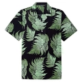 Detail of tropical green fern leaves print on black Hawaiian shirt with white buttons - S / Black Green Fern Style (BDS182)