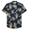Detailed view of Cuban collar and tropical pineapple print on short sleeve shirt - S / Black Tropical Pineapple Style (BDS183)