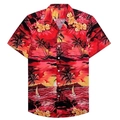Detail of tropical sunset print on men short sleeve shirt with palm trees and sailboats - S / Tropical Sunset Atmosphere Style (BDS184)
