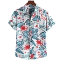 Detail of tropical summer shirt featuring red hibiscus flowers and pink flamingo prints - S / White Flamingo Floral Style (BDS189)