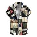 Close-up of tropical leaf print and geometric color blocks on a men's summer beach shirt - S / Geometric Color Block Tropical Leaf Style (BDS193)
