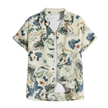 Detail of tropical palm leaf and flower print on men's beige short sleeve beach shirt - S / Off-white Tropical Plants Floral Style (BDS195)