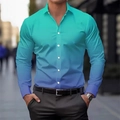 Men's slim fit long sleeve shirt with blue gradient digital print and lapel collar - S / Lake Blue to Deep Blue Gradient