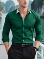 Slim fit dark green long sleeve shirt with tropical leaf print collar and cuffs - S / Green Paisley