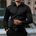 Camisa negra ajustada para hombre de manga larga con elegante textura de diamante 3D moderno - S / Estilo con Patrón de Rombos / Negro