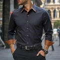 Detail van slim fit overhemd met lange mouwen en bruine lederen accenten op de kraag - S / Marineblauw