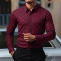 Camisa de hombre burdeos de manga larga entallada con estampado jacquard de flores geométricas - S / Estilo Jacquard Floral / Rojo