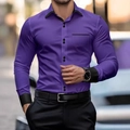 Detail eines lila Slim-Fit Langarmhemdes mit schwarzem Kontrastkragen und Manschetten - S / Dunkellila