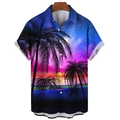 Men's slim fit short sleeve beach shirt with 3D tropical palm tree and sunset print - S / Tropical Starry Sky Style (BDS261)
