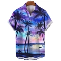Detailed close-up of tropical sunset print on casual men's slim fit short sleeve beach shirt - S / Artistic Sunset Landscape Style (BDS262)