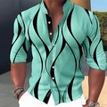 Casual herenoverhemd in turquoise met zwarte golvende strepen en een opstaande kraag - S / Cyaan