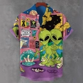 Détail de l'imprimé 3D extraterrestre et champignon sur chemise d'été slim de plage - S / Style Dessin Animé Psychédélique Alien (BDS252)