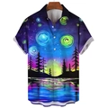 Close-up of artistic starry night print and button detail on men's short sleeve shirt - S / Fantasy Starry Sky Silhouette Style (BDS266)