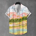 Gros plan sur l'imprimé paysage de montagne rose d'une chemise à manches courtes - S / Style Paysage à l'Huile Peint à la Main (BDS254)