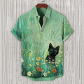 Détail de la chemise de plage verte pour hommes avec imprimé chat noir et fleurs - S / Style Floral Chat Noir Vert (BDS255)