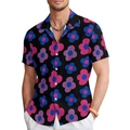 Detail of tropical floral print on black short-sleeve shirt with white buttons - S / Black (BDS300)