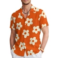 Close-up of bright orange short-sleeve shirt featuring large white floral prints and Cuban collar - S / Orange (BDS300)