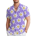 Close-up of the light purple men's beach shirt featuring large white daisy prints and lapel - S / Purple (BDS300)