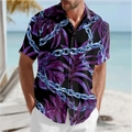 Detail eines Herren-Strandhemdes mit tropischen lila Palmblättern und blauen Kettenmustern - S / Lila (BDS245)