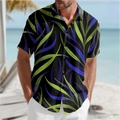 Detail of slim fit tropical leaf print short sleeve shirt for men on a sunny beach - S / Green (BDS256)