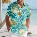 Men's slim fit tropical leaf print short sleeve beach shirt with button down collar - S / Blue (BDS212)