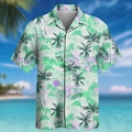 Detailed close-up of white Hawaiian shirt with green palm trees and purple landscape prints - S / Green (BDS217)