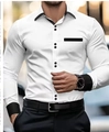 Detail of white slim-fit business shirt with black contrast collar, cuffs and pockets - S / White