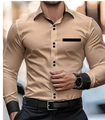 Detail of slim-fit beige business shirt with black contrast stitching and chest pocket - S / Khaki