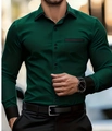 Detail of dark green slim fit men's shirt featuring contrast black collar and dual buttons - S / Dark Green