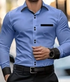 Detail of light blue slim fit shirt with black contrast collar and double button placket - S / Blue