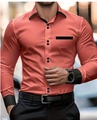Detail of coral orange slim fit shirt with black contrast trim on collar and pocket - S / Red