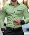 Detail of light green men's slim business shirt with black contrast piping on collar and pocket - S / Light Green