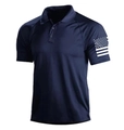 Close-up of navy blue polo shirt featuring white American flag print on the left sleeve - S / Navy Blue US Flag Style (HJ-1225-J31)