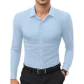 Detail of white four-way stretch slim fit shirt with chest pocket and button-down collar - Sky Blue (With Pocket)