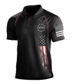 Detail of 1776 American flag print and red piping on black men's polo shirt - S / Black Red Piping 1776 Style (HJ-1225-J42)