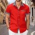 Camicia uomo rossa a maniche corte con patchwork pied-de-poule e tasca sul petto - S / Patchwork Pied-de-Poule / Rosso