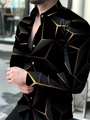 Camisa de hombre de manga larga negra con patrones geométricos 3D dorados entallada - S / Estampado Geométrico 3D Dorado (ACS209)